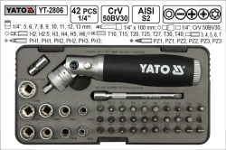 Gola sada  YATO   42 dílů 1/4&quot; s kloubovou ráčnou a nástrčnými klíči a bity. YATO YT2806 