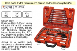 Gola sada Extol Premium 72 dílů kombinovaná 1/4" a 1/2" se sadou kloubových klíčů 